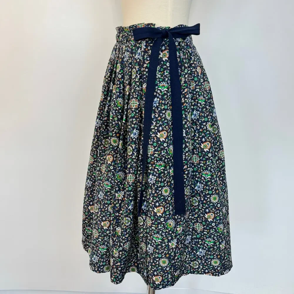 Tory Burch Silk Pleated Wrap Midi Skirt Navy Floral Multicolor Size 6